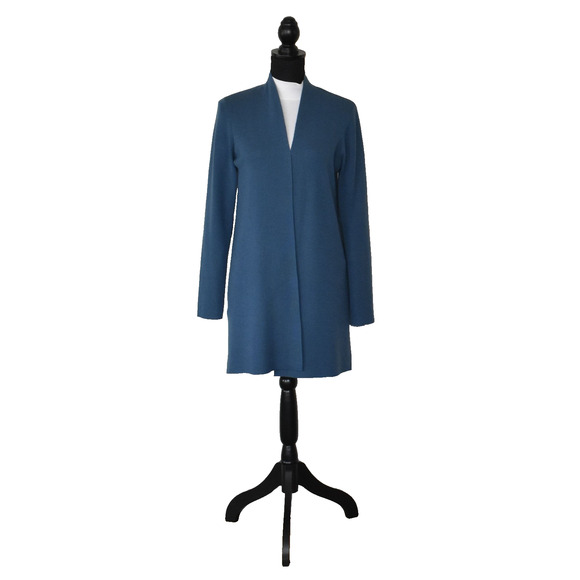 A6 Auth EILEEN FISHER Blue Merino Wool Straight Long Cardigan Sweater Size S - Picture 2 of 6